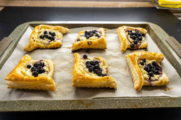 puff pastry with ricotta and blueberries. food concept. dessert. bakery. diet