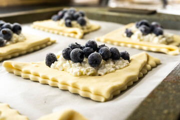 puff pastry with ricotta and blueberries. food concept. dessert. bakery. diet