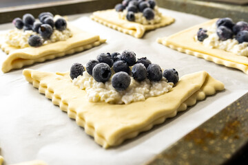 puff pastry with ricotta and blueberries. food concept. dessert. bakery. diet