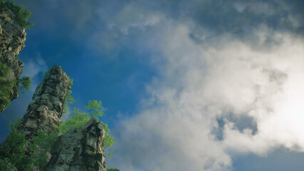 青空と白い雲と緑の木立その五