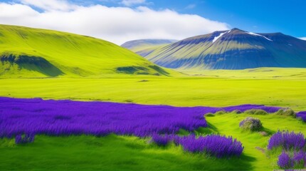 Fototapeta premium Landscape of lavender fields and mountains in the background. Generative ai