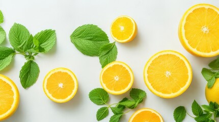 Slices of orange and mint on a white background. Generative ai