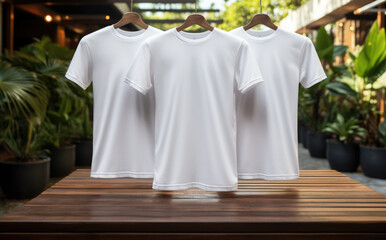 White tshirt mockup on hanger outdoors, AI Generative