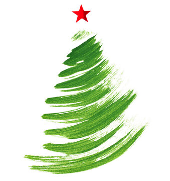 Christmas tree drawn with a brush with a red star. white isolated background