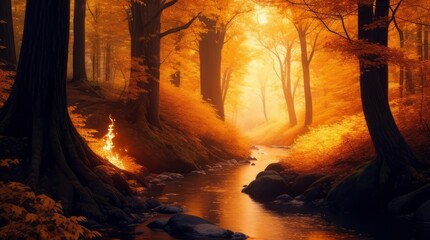 Beautiful autumn forest with a river flowing through it. Generative ai