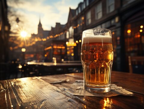 Pint of beer on a bar in a traditional style English pub