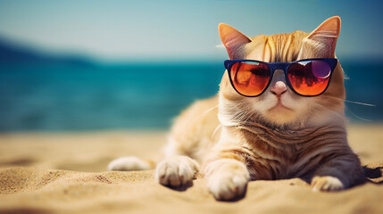 cool cat wearing sunglasses on the beach during summer vacation - obrazy, fototapety, plakaty