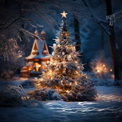 Papier Peint photo Blue nuit Beautiful decorated christmas tree with present boxes in a winter landscape with snow