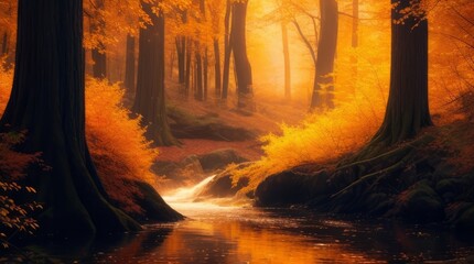 Beautiful autumn landscape with river and trees in a misty forest. Generative ai