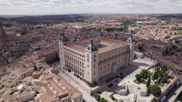 Cinematic Aerial View Of Alcazar of Toledo With Circle Dolly Shot