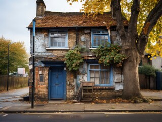 derelict house on a residential street with boarded up windows and decaying crumbling walls - obrazy, fototapety, plakaty