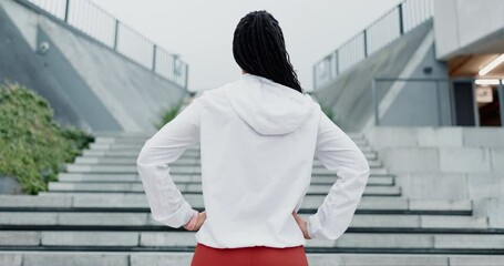 Fitness, challenge and back of woman with stairs for running, determination or mindset in city. Steps, exercise and rear view of lady runner outdoor for resilience training, wellness or performance