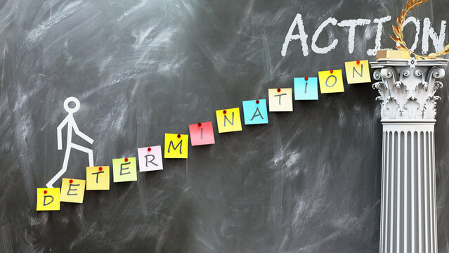 Determination leads to Action - a metaphor showing how determination makes the way to reach desired action. Symbolizes the importance of determination.,3d illustration