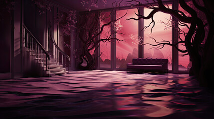 Dark room with tree and windows, pink light, water floor, for product showcase
