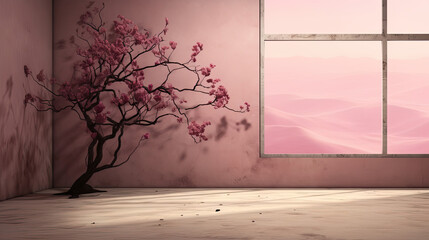 Pink room with pink blossoming tree for product showcase