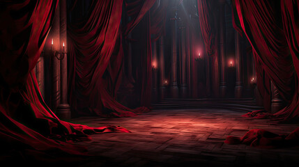 Red stage with velvet curtains for product showcase