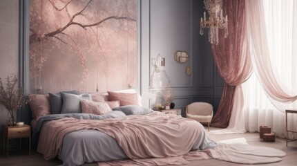 Modern bedroom interior design with pink bed. Generative ai