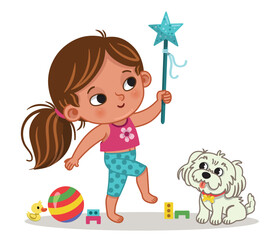 Little girl playing with fairy wand and her dog watching her.