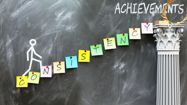 Consistency leads to Achievements - a metaphor showing how consistency makes the way to reach desired achievements. Symbolizes the importance of consistency.,3d illustration