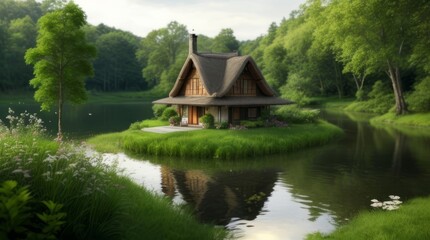 Fototapeta premium House on the bank of the river in the forest. Beautiful landscape. Generative ai