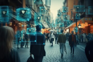 Surveillance camera of a crowd of people walking along busy city streets. Face recognition big data comprehensive analysis interface, scanning and displaying information. Data collection. Espionage.