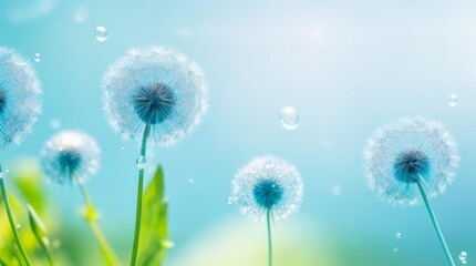 Obraz premium Dandelion flower with water drops on blue sky background. Generative ai