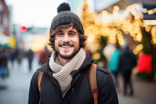 Happy Smiling Young Man In Winter Clothes At Street Christmas In Vancouver