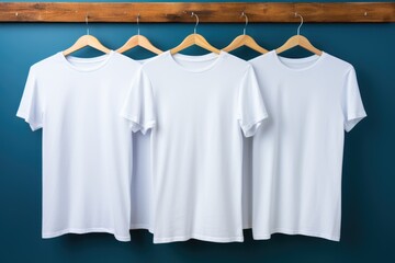 White tshirt mockup on hanger on blue background, AI Generative