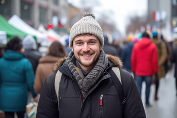 Happy smiling young man in winter clothes at street Christmas in Toronto