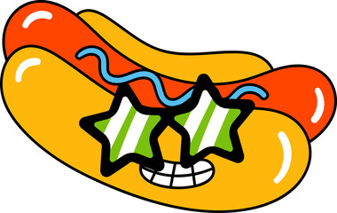 Groovy sausage bread character with glasses illustration