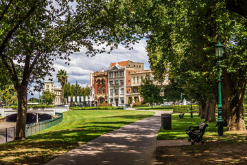 Historic buildings from Queens gardens, Rosalind Park, Bendigo, Victoria, Australia