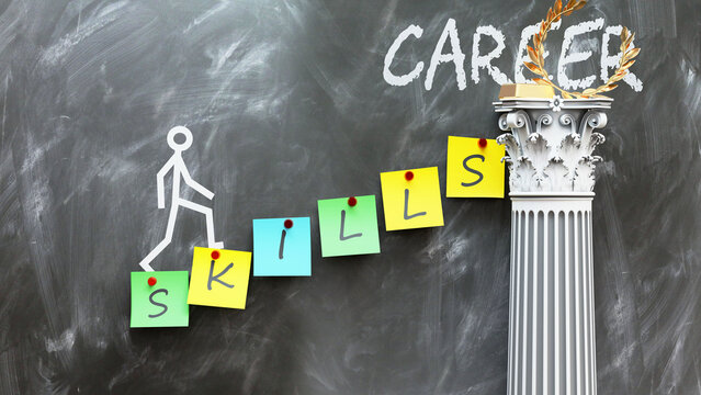 Skills leads to Career - a metaphor showing how skills makes the way to reach desired career. Symbolizes the importance of skills and cause and effect relationship.,3d illustration