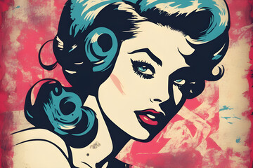 a vintage 1950s, 1960s pretty pin up girl illustration with a distressed background.