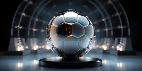 Concept of a futuristic soccer or football ball on a glass stage stadium.