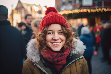 Young happy smiling woman in winter clothes at street Christmas market in Amsterdam