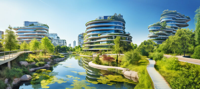 green car free city concept, sustainable city with trees and park