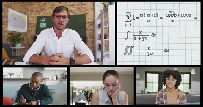 Screens with online call of diverse male teacher, students and mathematical formulae