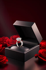 Diamond ring in its box, surrounded by red roses