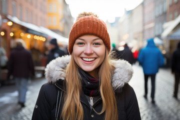 Young happy smiling woman in winter clothes at street Christmas market in Stockholm