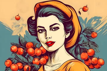 Fotobehang Beautiful woman with autumn fruits, colorful retro post-card in pop-art style. generative AI © Mihai Zaharia