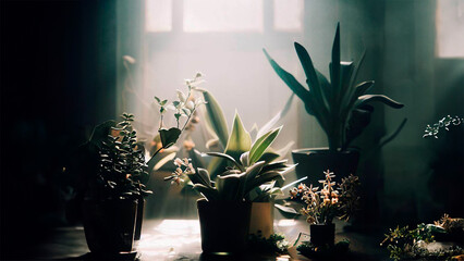 Pastel color, soft light from the window, flowers on the table, beautiful view, green plants in pot