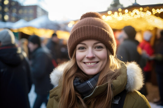 Young happy smiling woman in winter clothes at street Christmas market in Stockholm