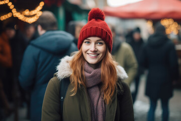 Obraz premium Young happy smiling woman in winter clothes at street Christmas market in Utrecht