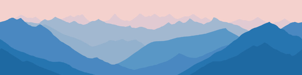 Sunrise in the mountains, seamless border, panoramic view, vector illustration