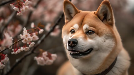 Portrait of a Japanese dog Akita inu on a background of cherry blossoms