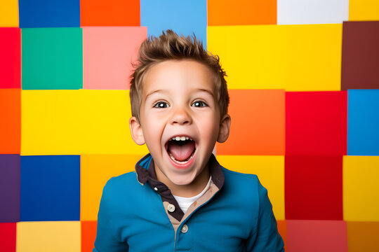 Studio portrait of a little boy being cheerful or joyful, isolated on colorful background. Kids emotions or moods concept. Generative AI