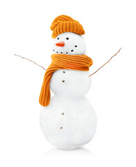 one snowman in a knitted hat and scarf on a white isolated background