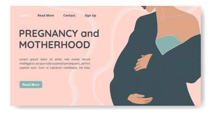Pregnant woman standing and holding belly landing page.