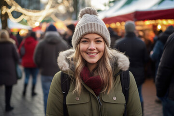Young happy smiling woman in winter clothes at street Christmas market in Vancouver 