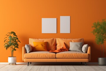 Generate ai, orange sofa on living room with photo frame on wall.